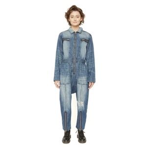 SANDRINE ROSE X FREE PEOPLE Gold Zip Jumpsuit Size M Denim Blue Jean MEDIUM